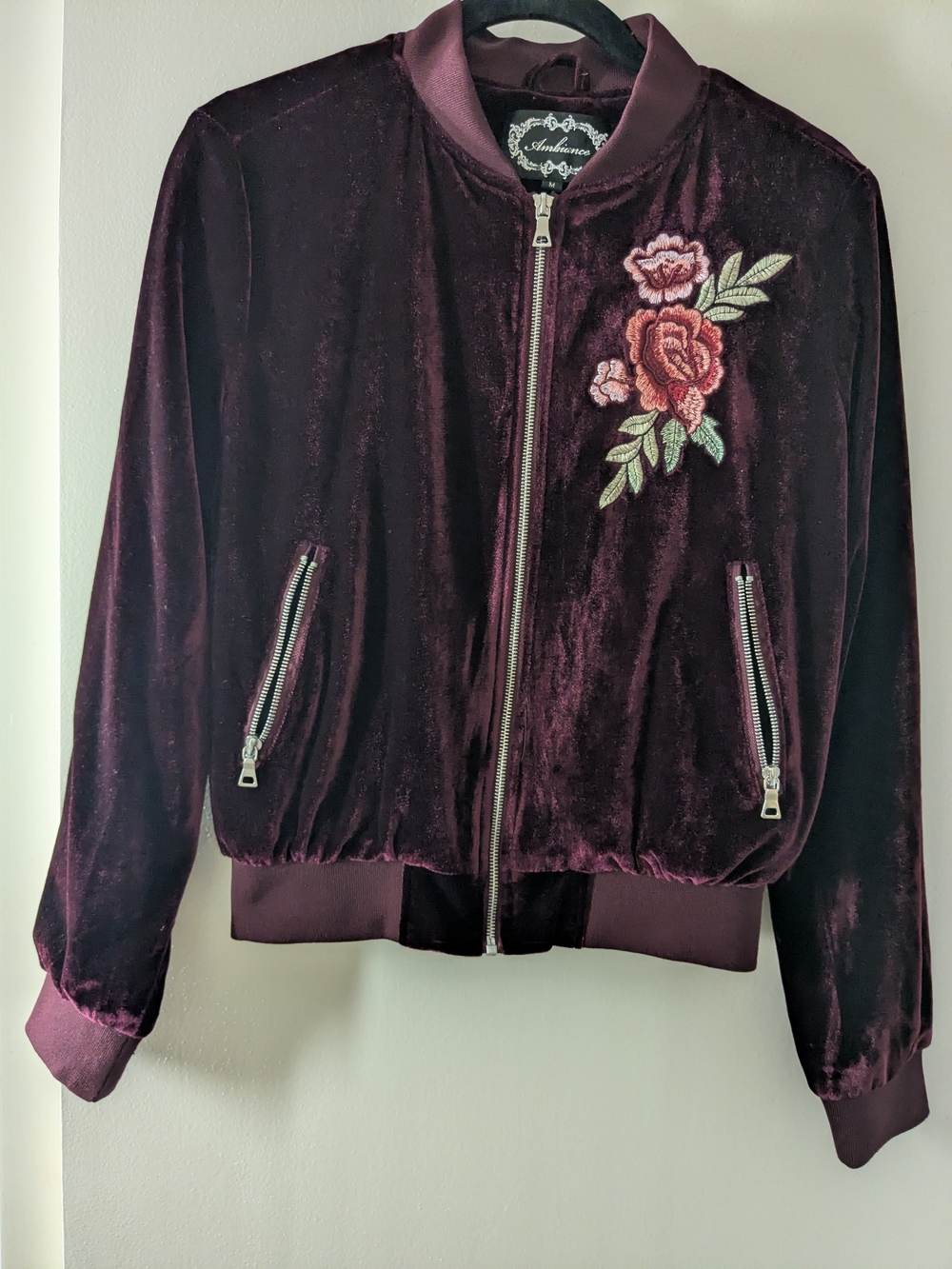 Ambiance Burgundy Velvet Bomber Jacket with Rose Embroidery